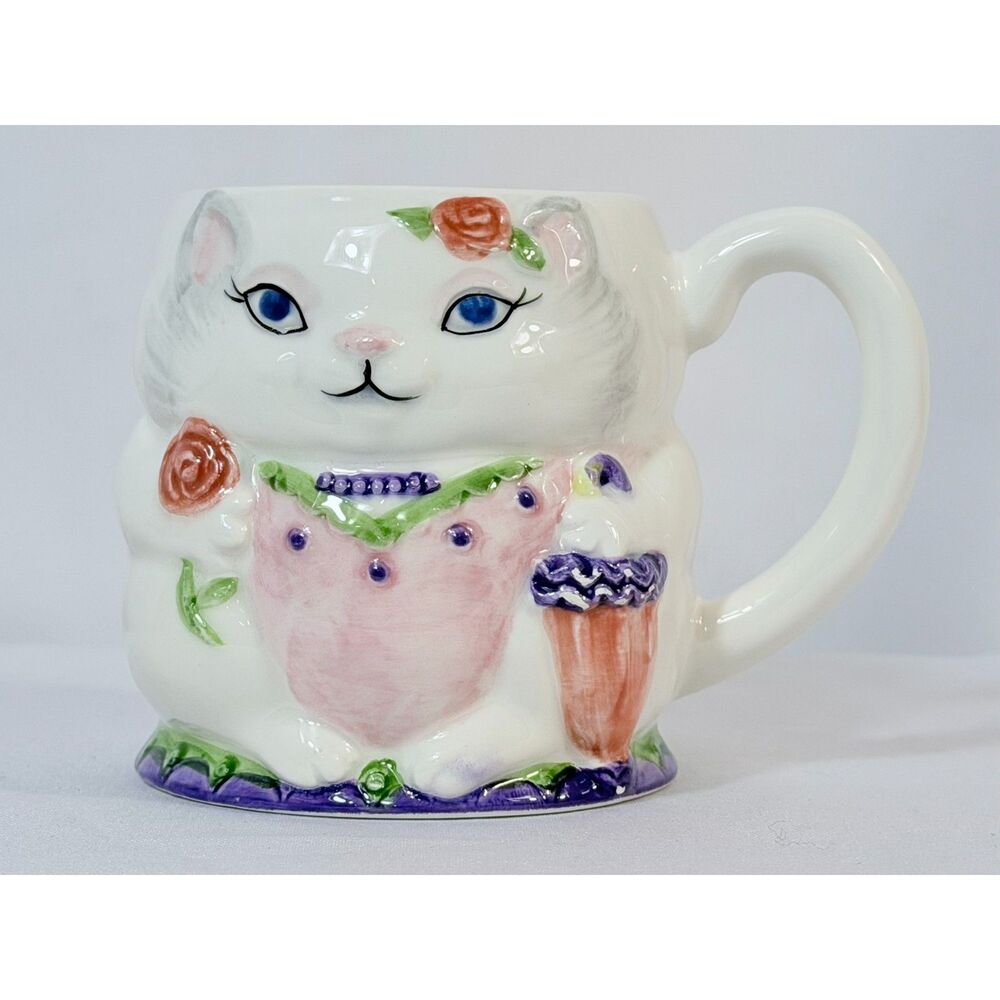Mary Ann Baker Cat Lover Mug 1990s Sundae Ceramic 3D Hand Painted Kitten
